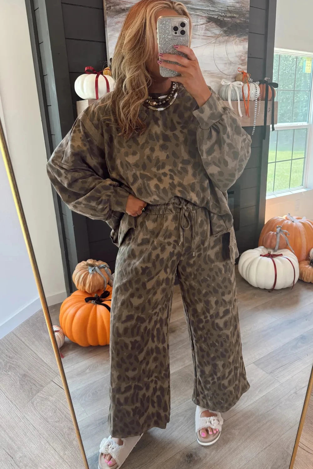 Leopard Print Raw Seam Patchwork Pullover Drawstring Loose Pant Set