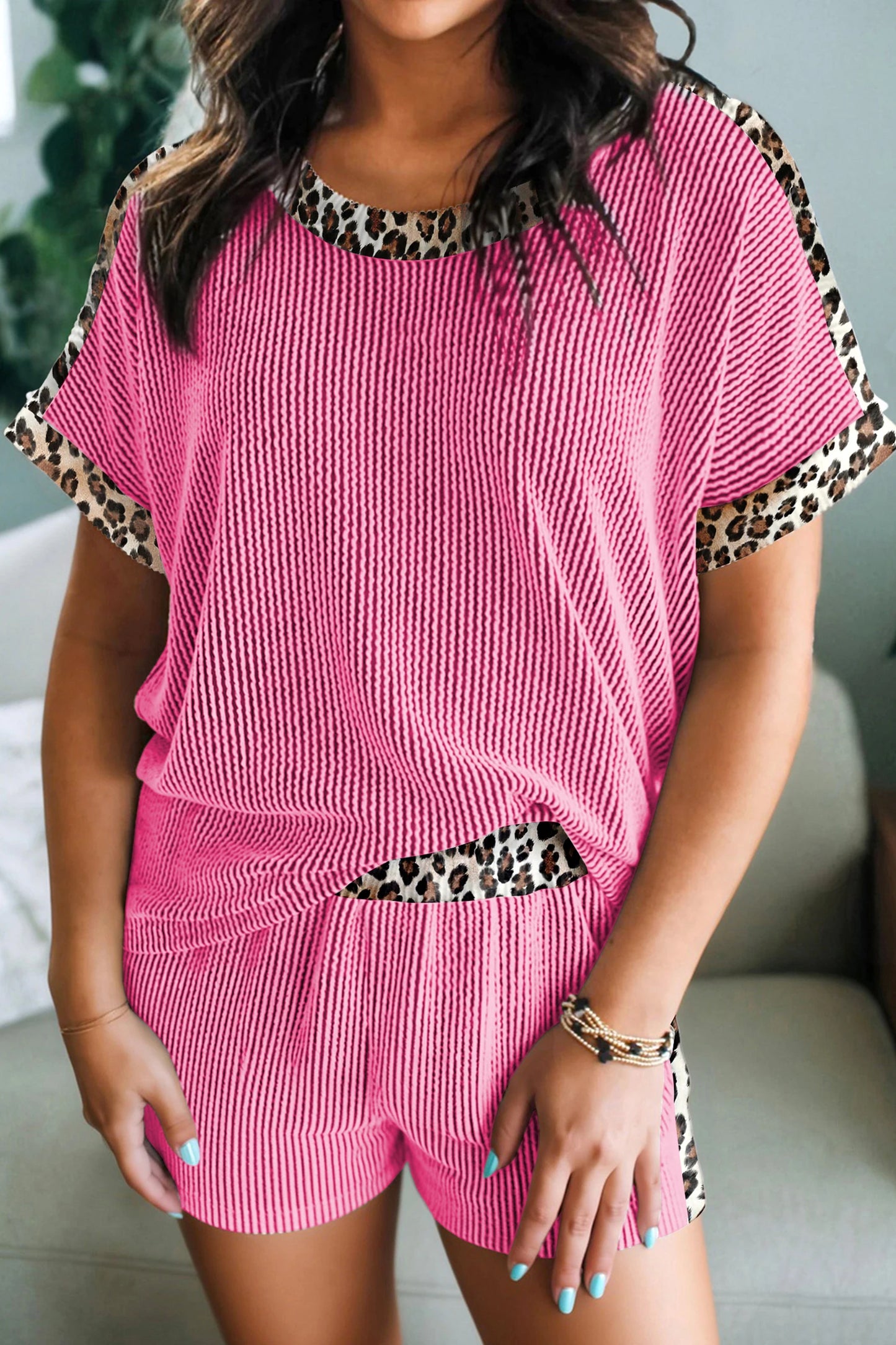 Leopard Trim Twist Ribbed Short Set
