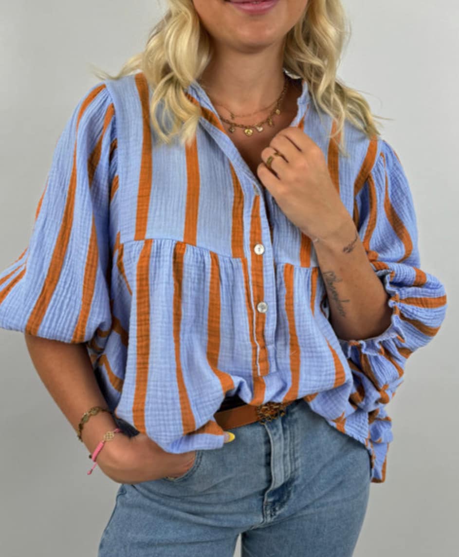 Sky Blue Stripe Crinckled Ruffled Sleeve Button up Loose Shirt