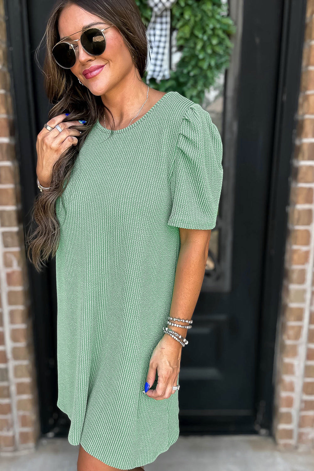 Corded Knit Crew Neck Puff Sleeve Shift Mini Dress