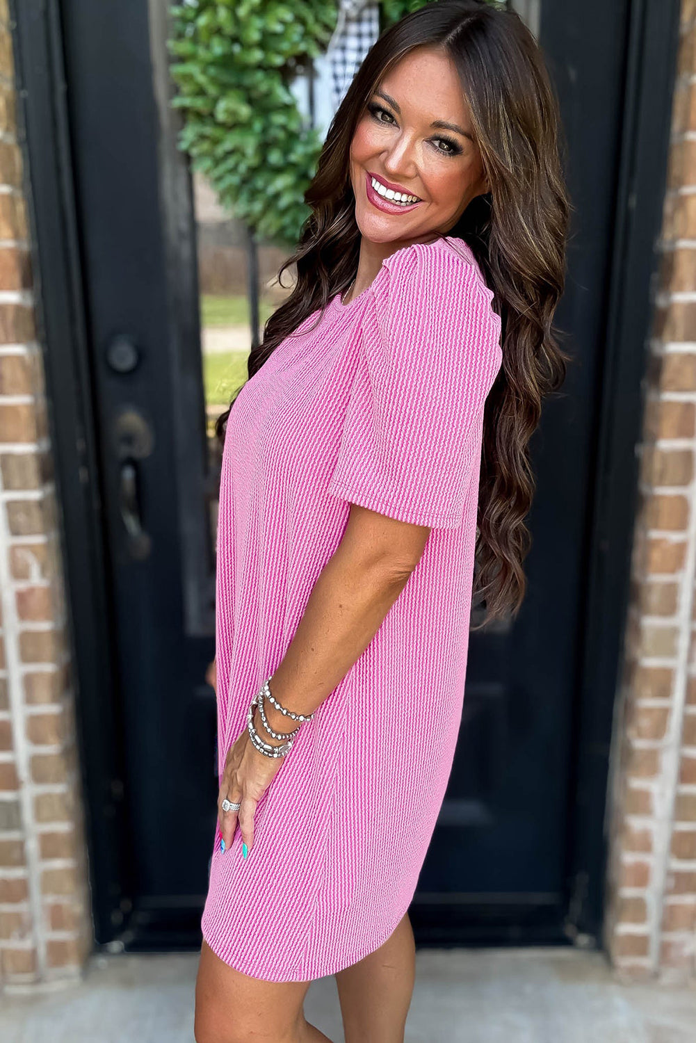 Corded Knit Crew Neck Puff Sleeve Shift Mini Dress