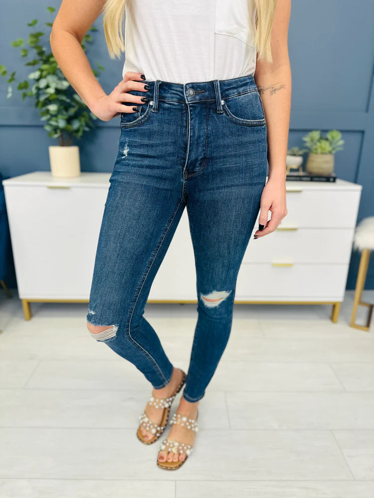 Judy Blue Women's Mid Rise Tummy Control Destroy Skinny Denim