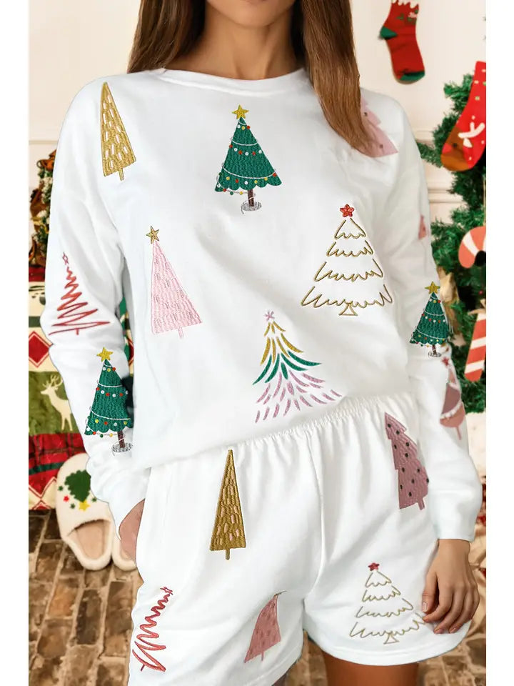 White Stripe Multi Christmas Tree Long Sleeve Top and Shorts 2pcs Lounge Set