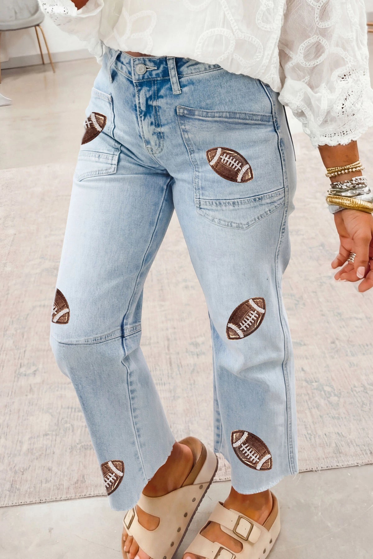Sequin Detail Patched Football Pattern Raw Hem Shift Jeans
