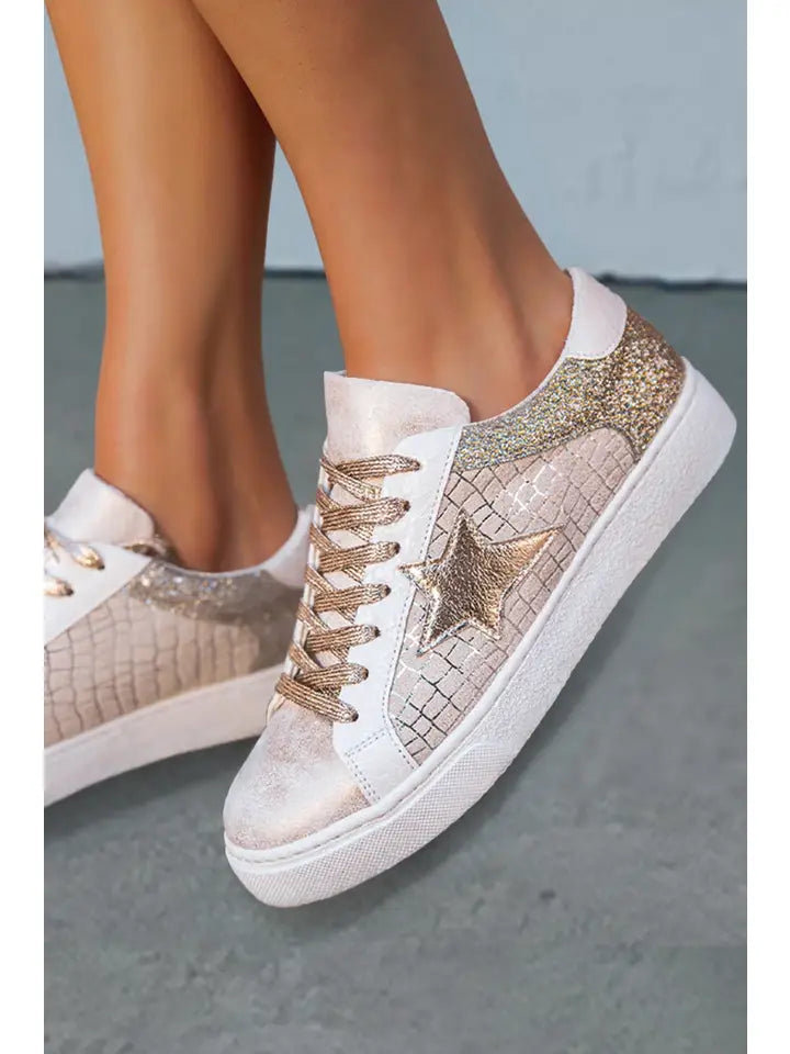 Glitter Star Patchwork Pu Leather Lace-Up Sneakers