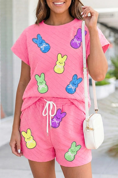 Texture Sequin Bunny Patch Graphic 2pcs Shorts Set