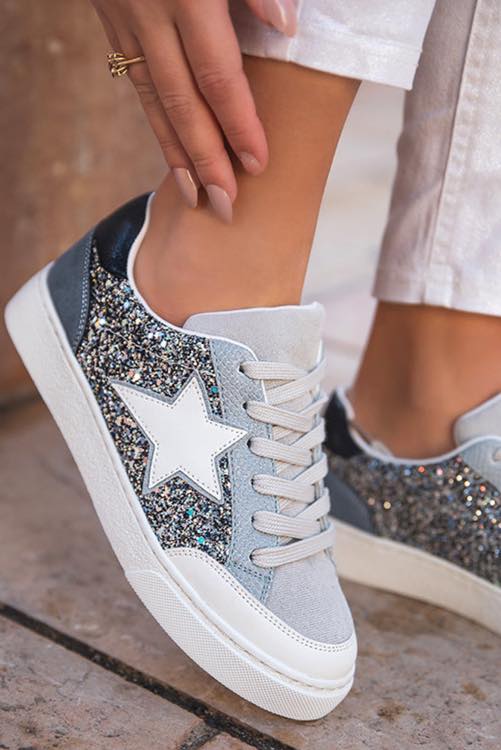 Glitter Star Patchwork Pu Leather Lace-Up Sneakers