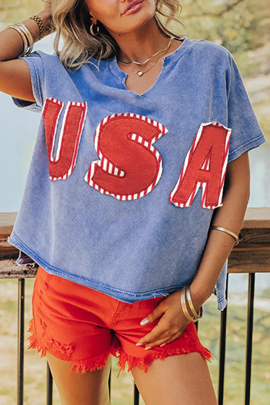 Sky Blue USA Patch Mineral Wash Notch V Neck Vintage Graphic T Shirt