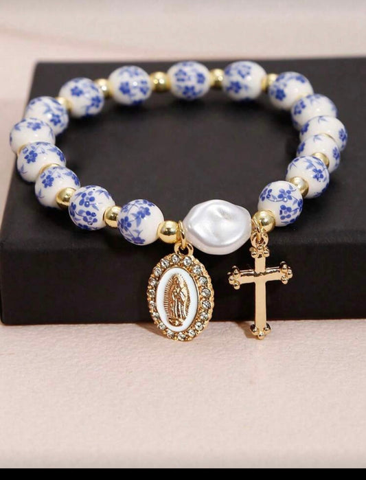 Blue Floral Religious Bracelet