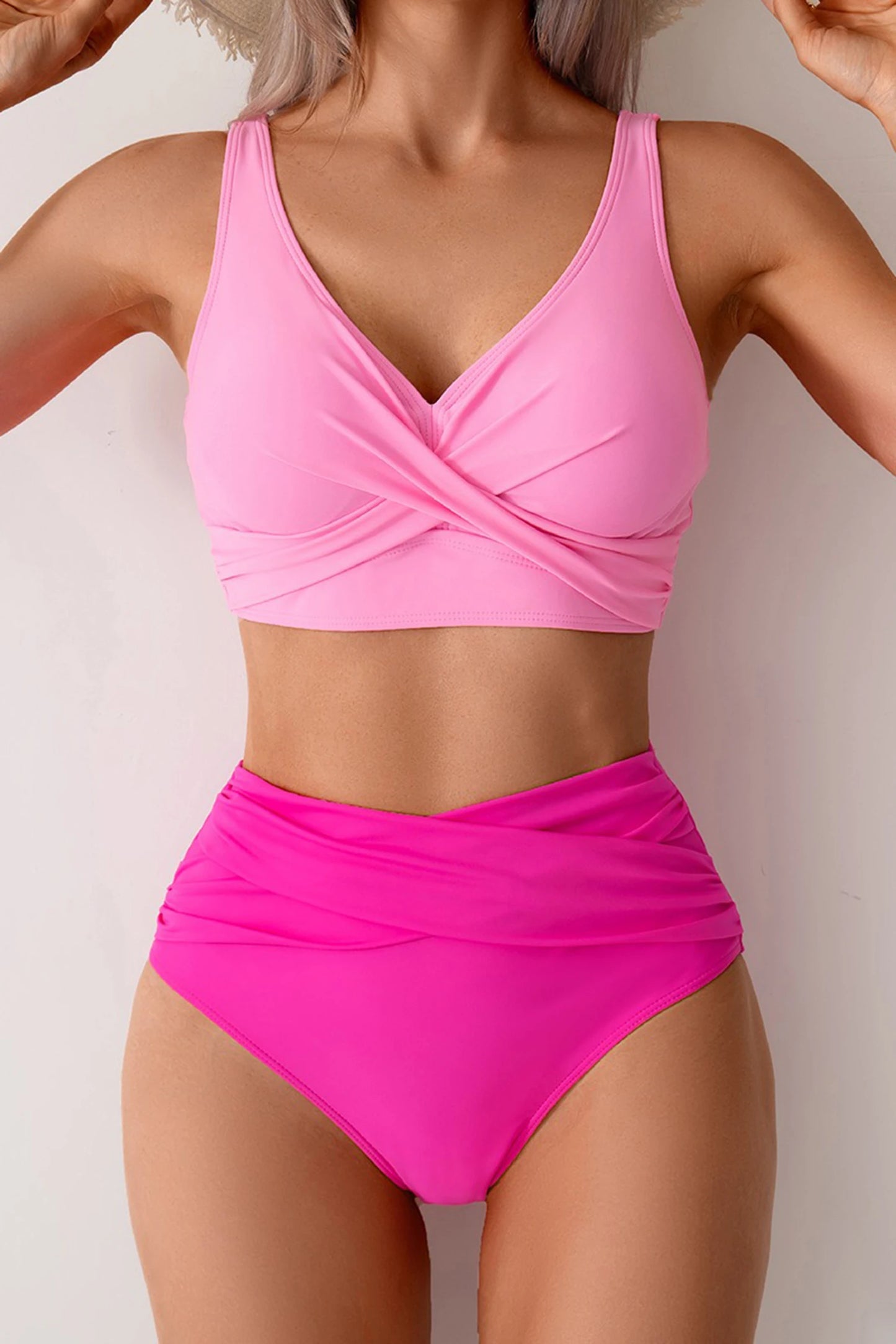 Color Block 2pcs Cross Twisted High Waist Bikini Swimsuit