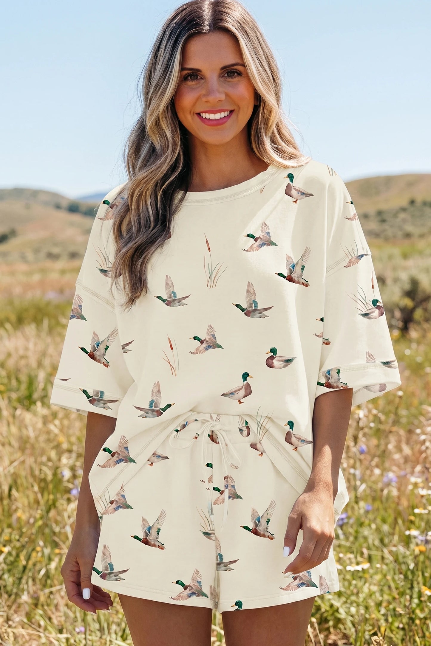 Mallard Duck Print Oversized Tee Drawstring Short Set