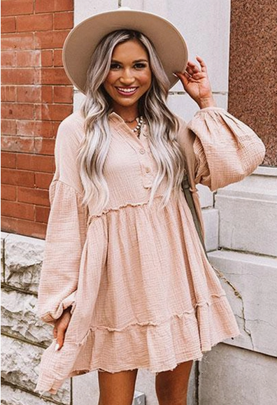 Crinkle Distressed Puff Sleeve Flared Dress