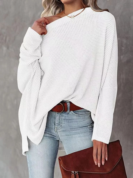 V Neck Long Sleeve Waffle Knit Tops Off Shoulder Oversized